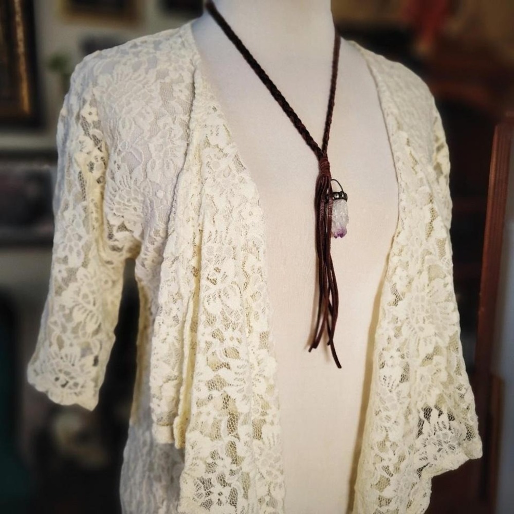 Lularoe Lace Cardigan Duster White Sheer Black Fringe Trim Open Stevie‎ Nicks